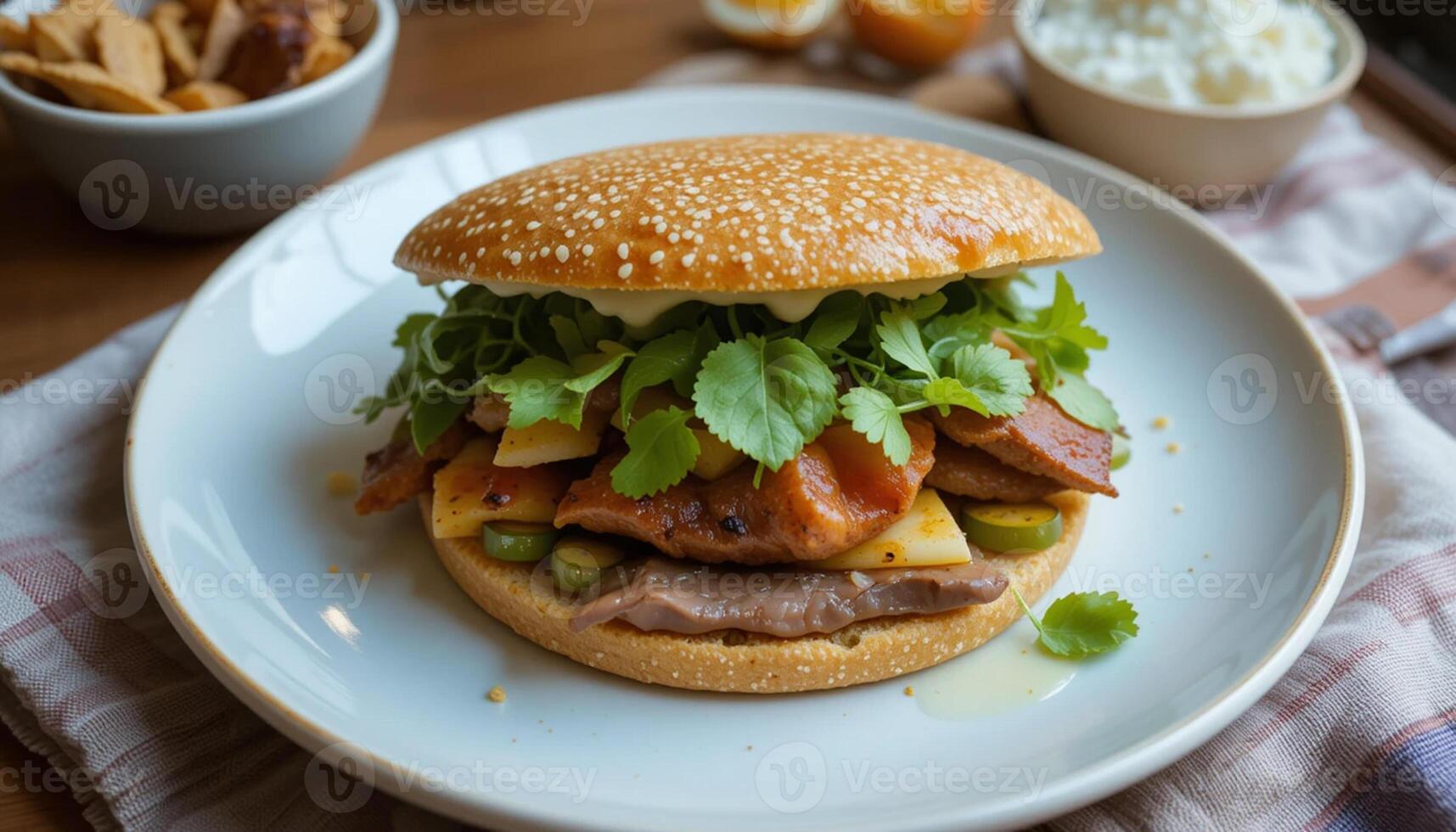 A mouthwatering gourmet sandwich featuring a juicy patty, melted cheese, fresh herbs, and crispy vegetables, all nestled between a soft bun. Perfect for a satisfying and flavorful meal. photo