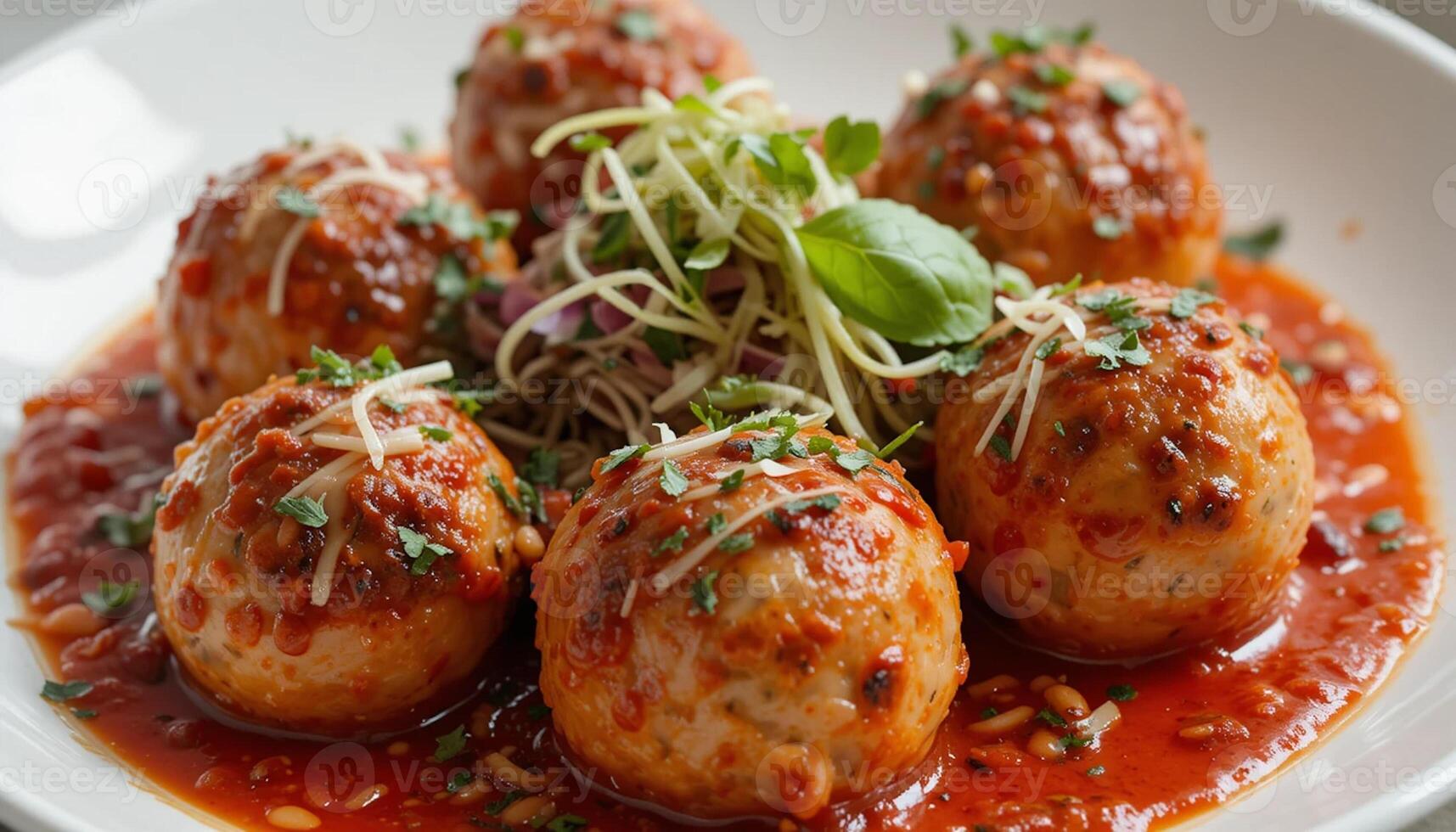 Indulge in these tender and flavorful meatballs, made with premium ingredients. Served in a savory tomato sauce and topped with fresh basil photo