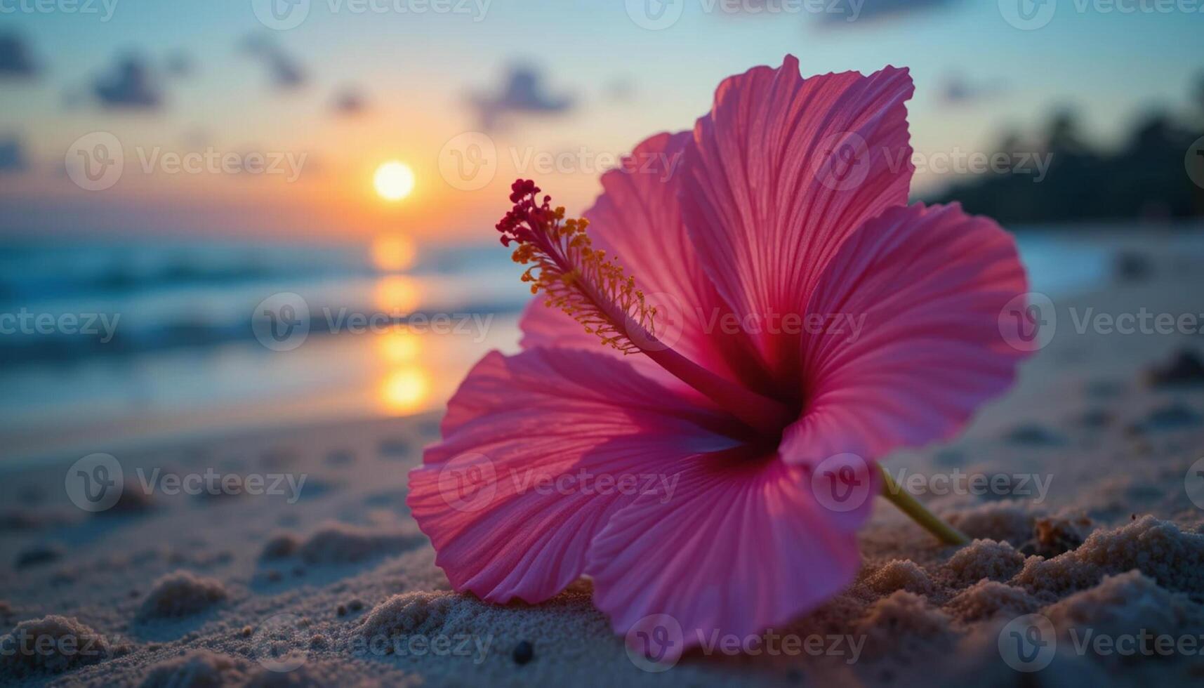 A delicate pink hibiscus flower rests on a sandy beach, bathed in the warm glow of a setting sun. The serene scene captures the beauty of nature. photo