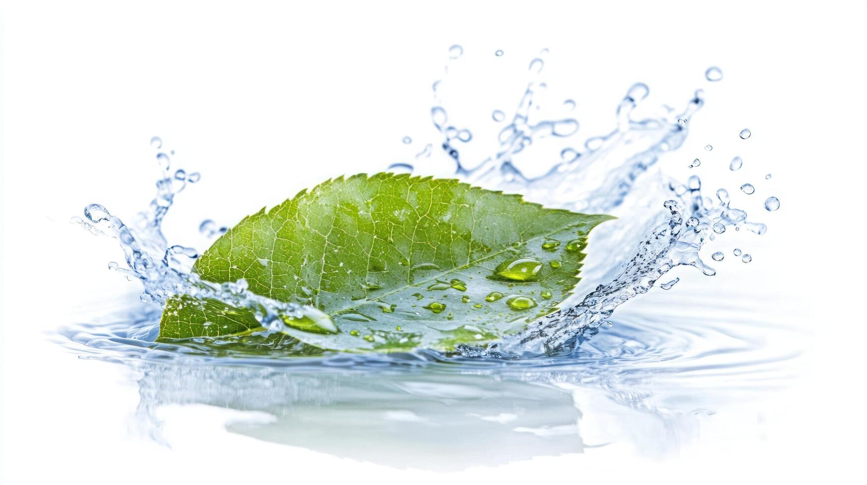 A green leaf is splashing into water photo