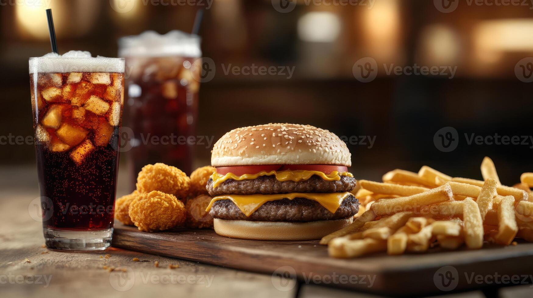 A hamburger, fries and a drink on a wooden table photo