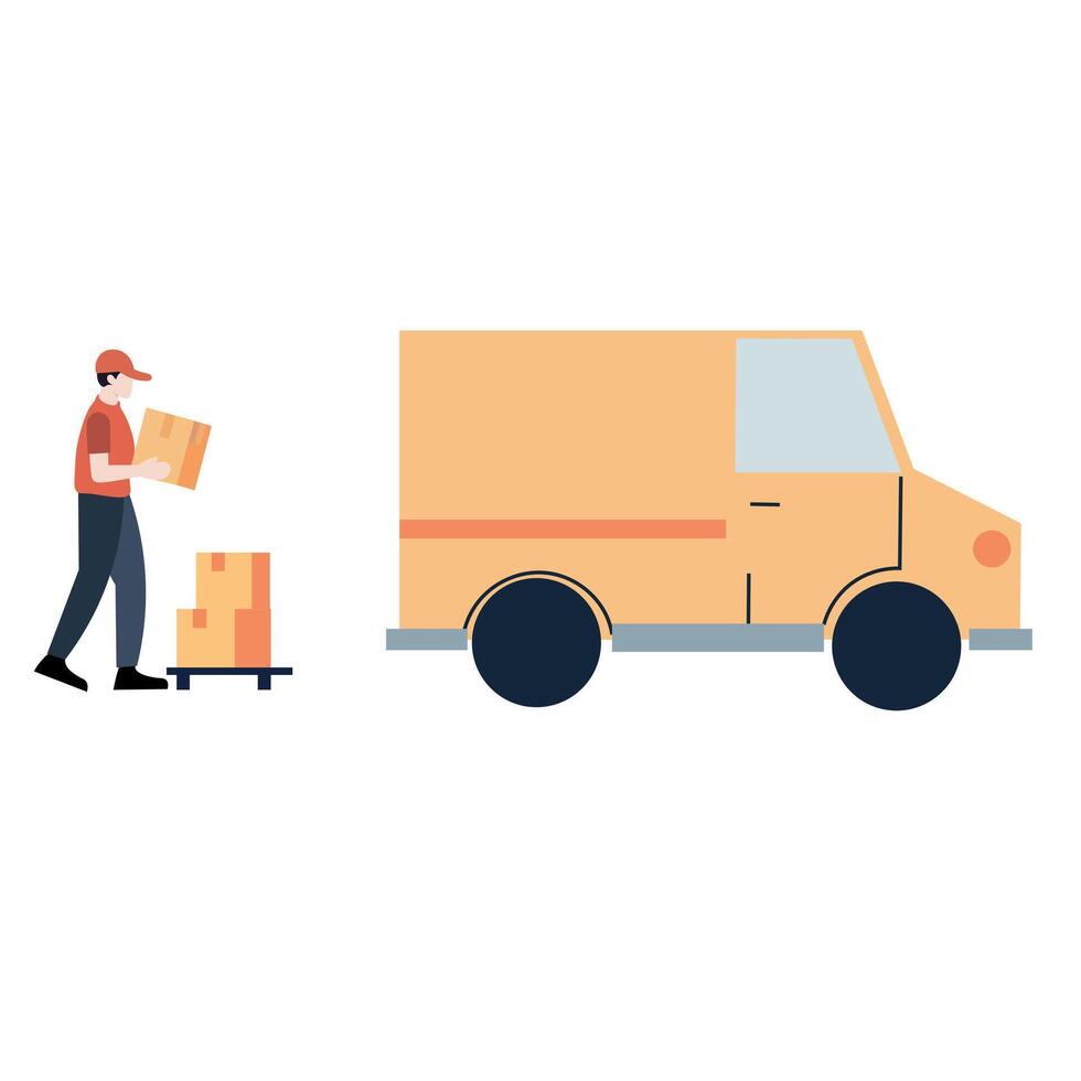 Delivery Person Loading Cardboard Boxes onto a Van vector