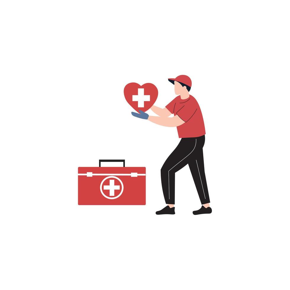 A helpful person holding a heart with a medical symbol next to a first aid kit. vector