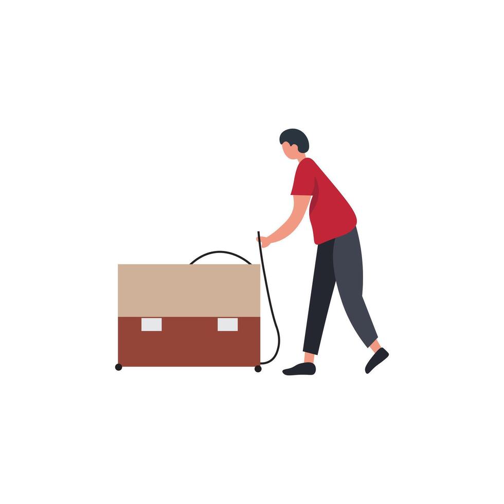 Worker pushing a cardboard box on a hand truck. vector