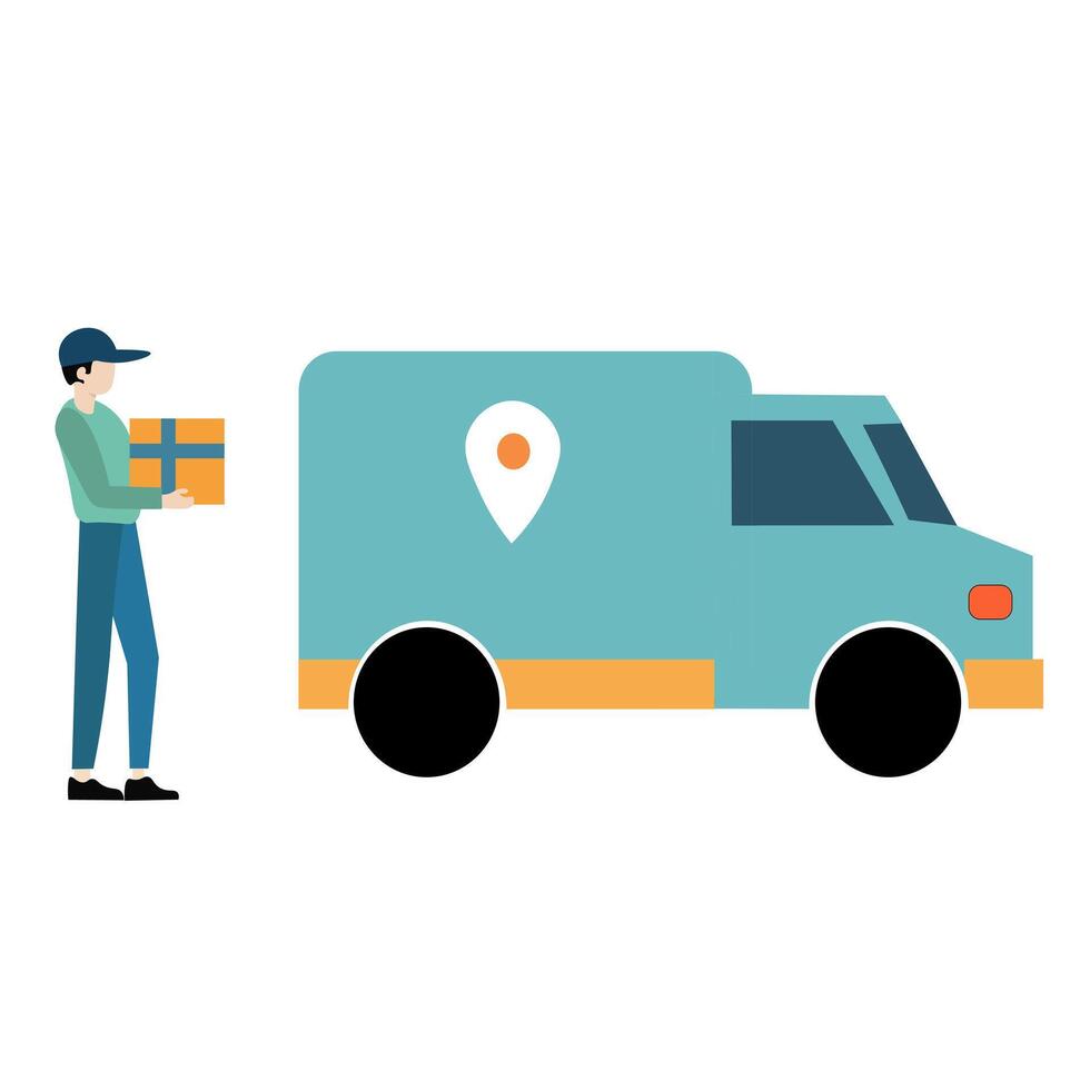 Delivery Person Giving Package to a Delivery Truck vector