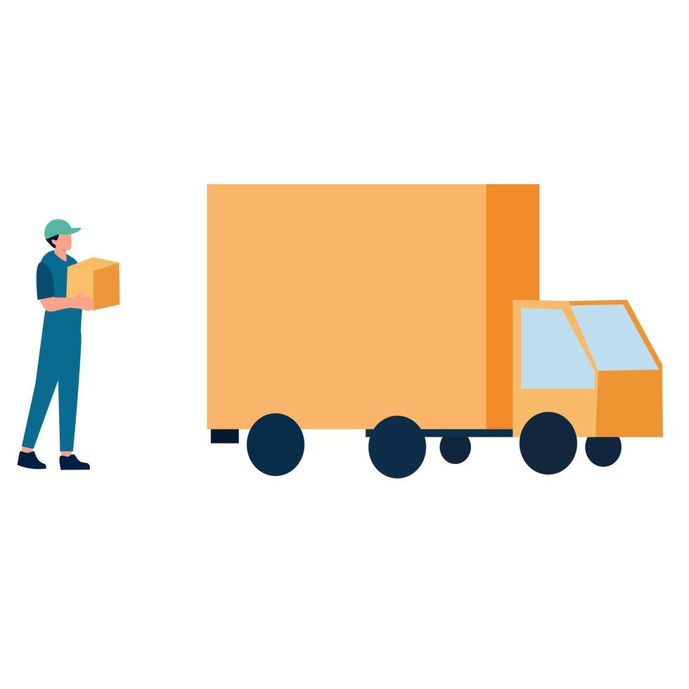 Delivery Person Loading Cardboard Box onto a Truck vector