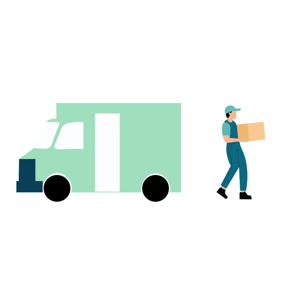 Delivery Service Worker Carrying Package Near Light Green Delivery Van vector