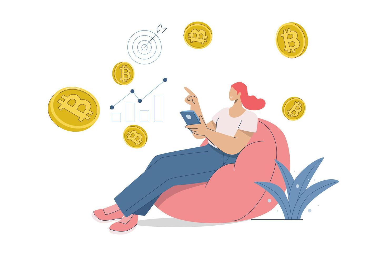 Female investor sitting using smartphone to trade cryptocurrencies coins, Trading and investing in bitcoin and other crypto, Making Profit and Income from Bitcoin and Cryptocurrencies, . vector