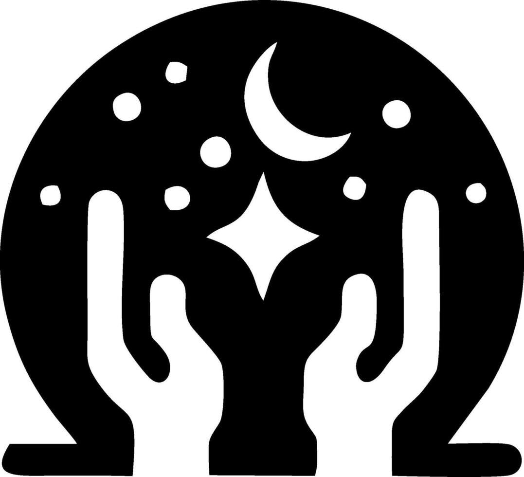 A black and white logo of hands holding a moon and stars vector