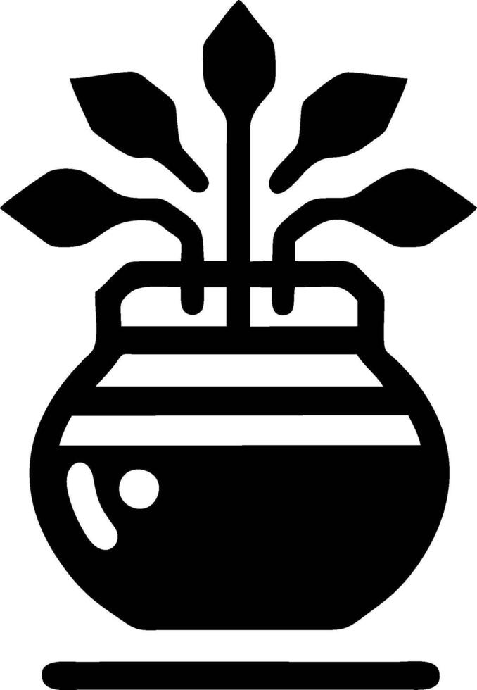 A black and white illustration of a vase with leaves vector