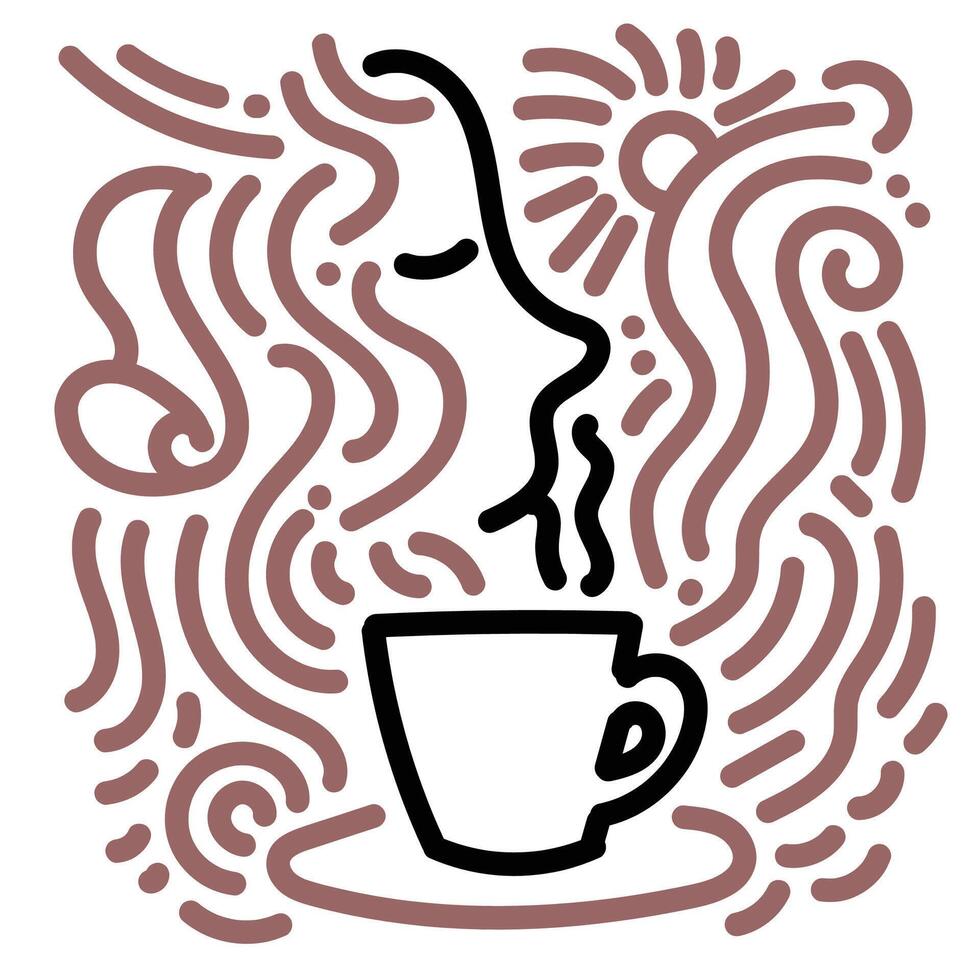 Face and coffe cup with brown doodle surroundings vector