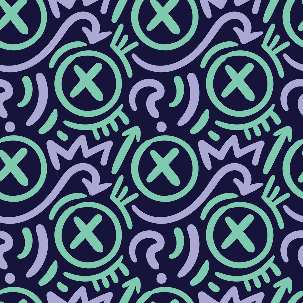 X and O doodle seamless pattern in blue green and purple vector