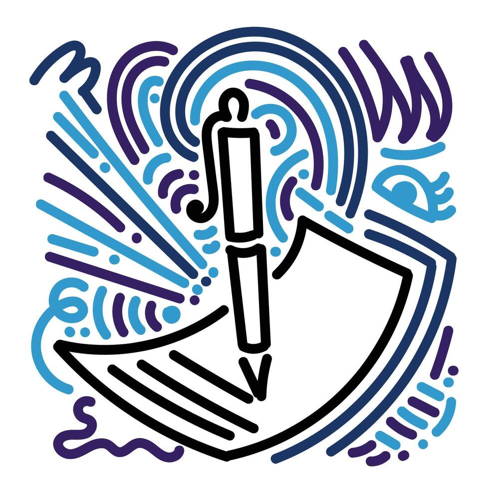 Pen with paper and blue theme doodle surroundings vector