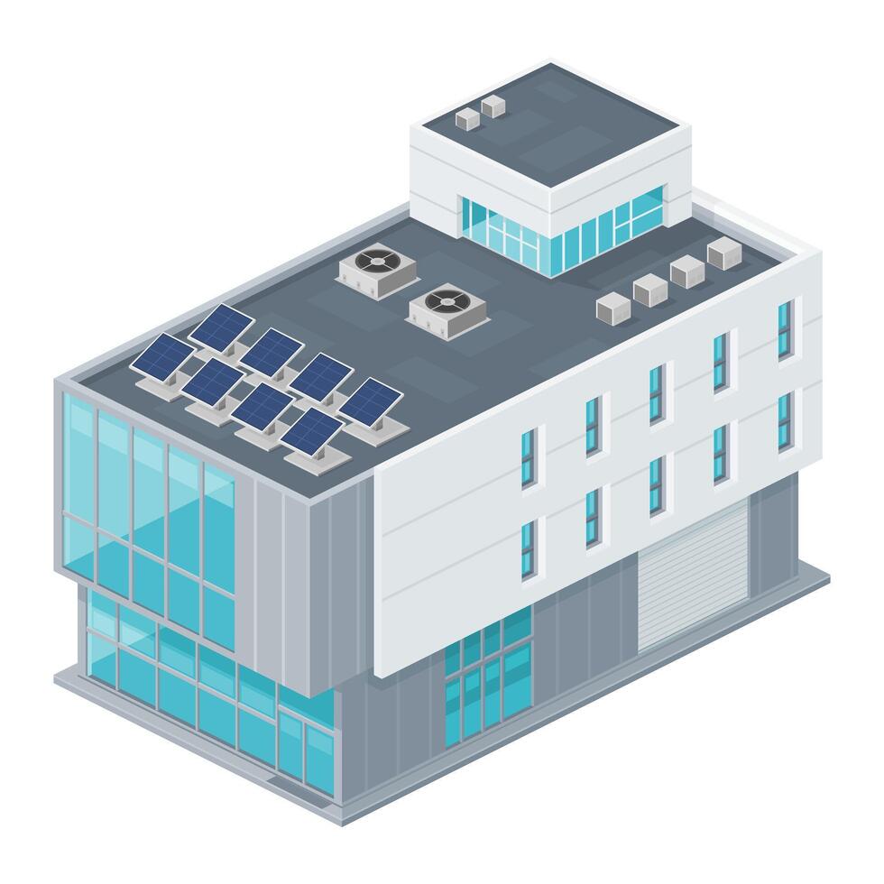Isometric illustration of a modern solar powered building icon using green renewable clean alternative energy power source vector