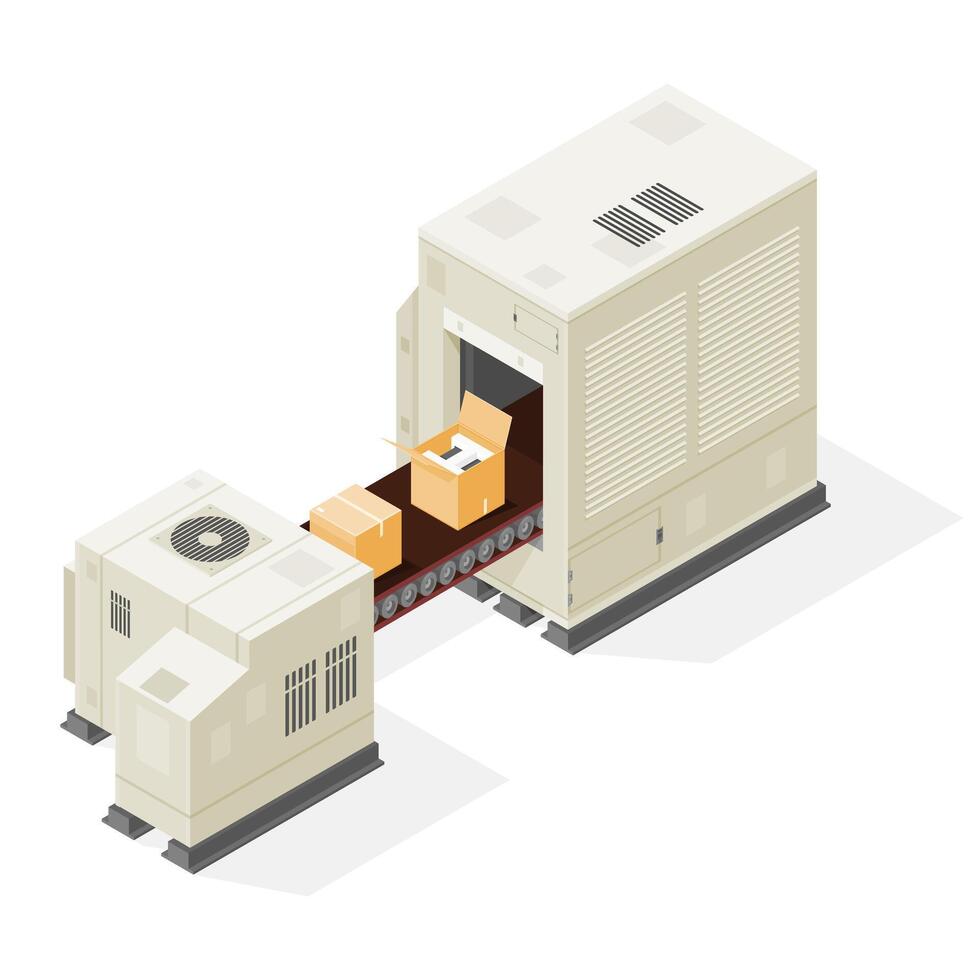 Isometric illustration of an industrial Assembly production line. Factory with conveyor belt and new boxed goods vector