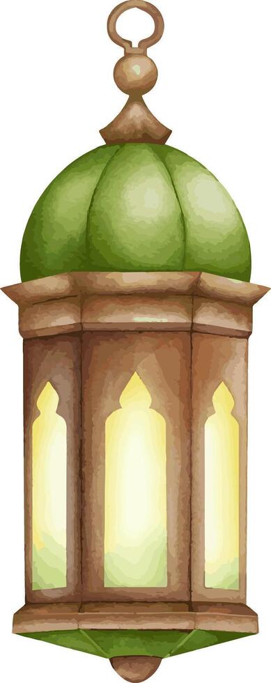 Islamic lantern illustration for ramadan or eid mubarak occasion. Watercolor style lantern on shade of green and brown color. vector