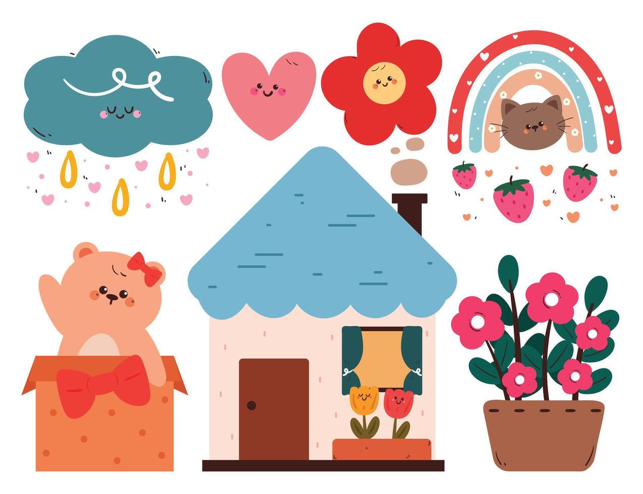 hand drawing cartoon kawaii sticker set with house, animal and sky element. cute sticker, doodle set vector