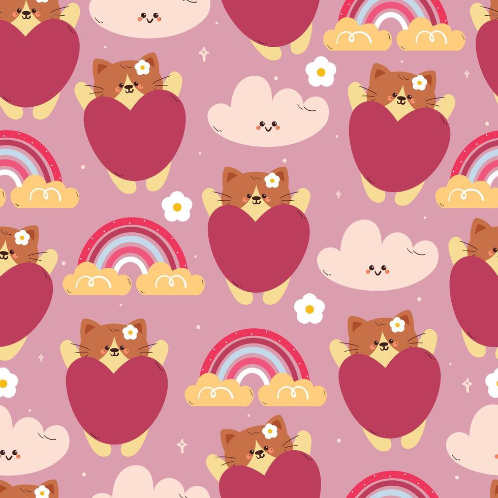 seamless pattern cute cartoon cat with big purple heart balloon and sky element. cute animal pattern for wallpaper, background and gift wrap paper vector