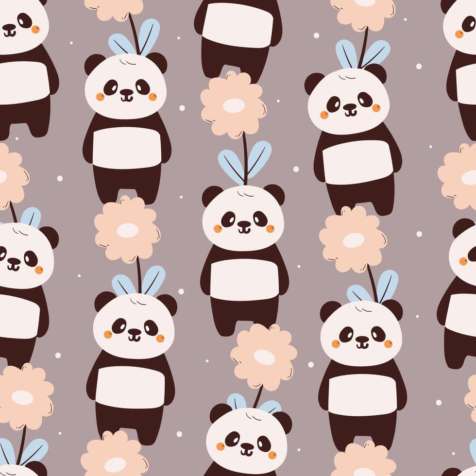 seamless pattern cute cartoon panda with flowers. cute animal drawing for wallpaper, pattern, background vector