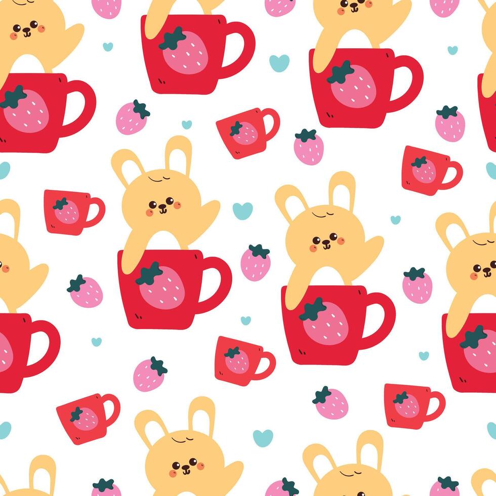 seamless pattern cute cartoon bunny inside red cup with strawberry drawing. cute animal drawing for wallpaper, pattern, background vector