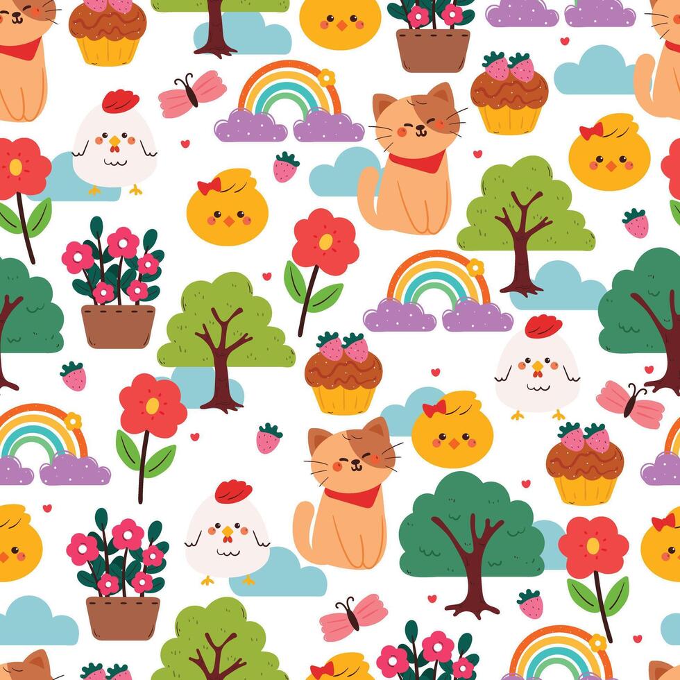 seamless pattern cute cartoon cat and chick with sky element drawing. cute animal pattern for wallpaper, background and gift wrap paper vector