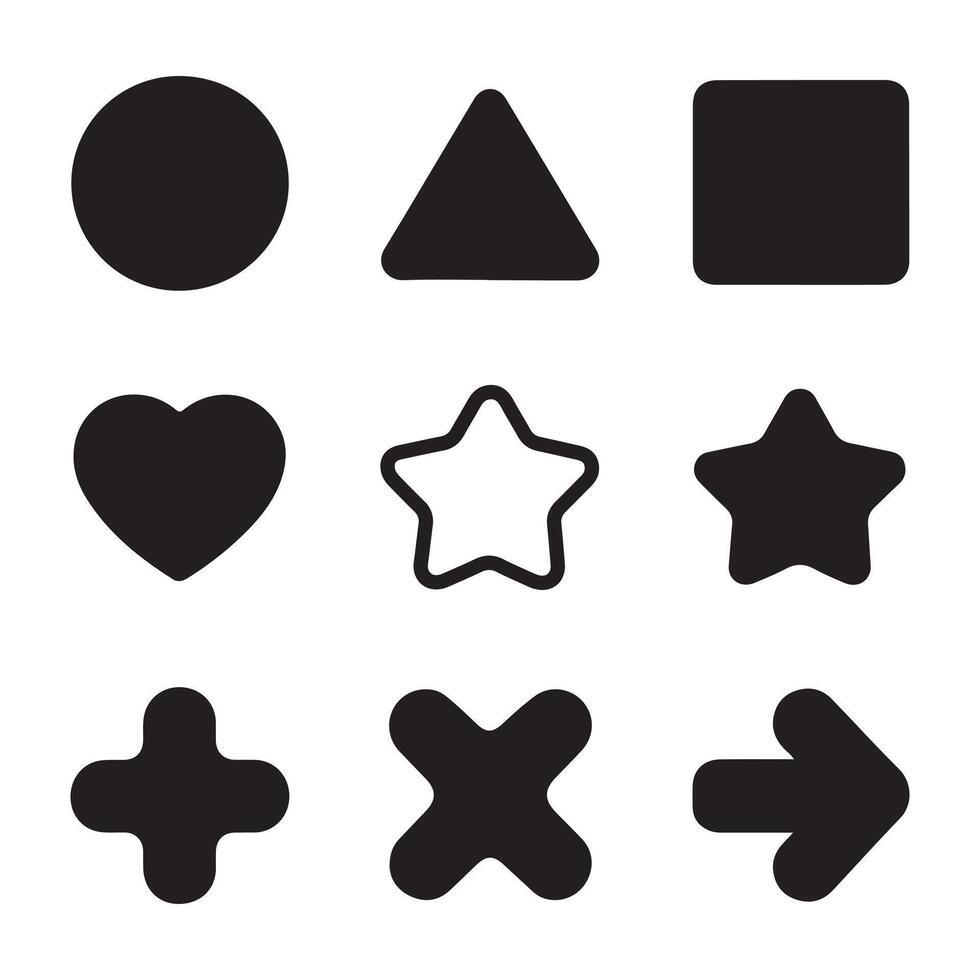 Collection of geometric and iconic shapes including circle, triangle, square, heart, star, and directional symbols. Ideal for design projects. vector
