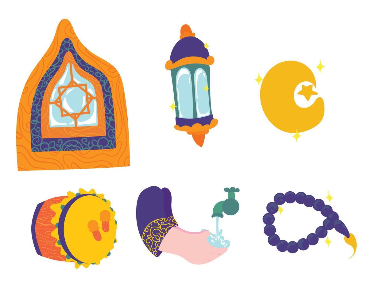 Ramadan illustration set with lantern, crescent moon, drum, prayer beads, and mosque window in a festive style. vector