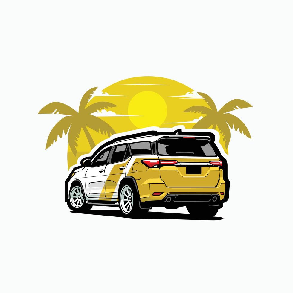 Japanese SUV Drag Race Rear View in Beach Art Illustration. Best for Automotive Club Tshirt Design vector