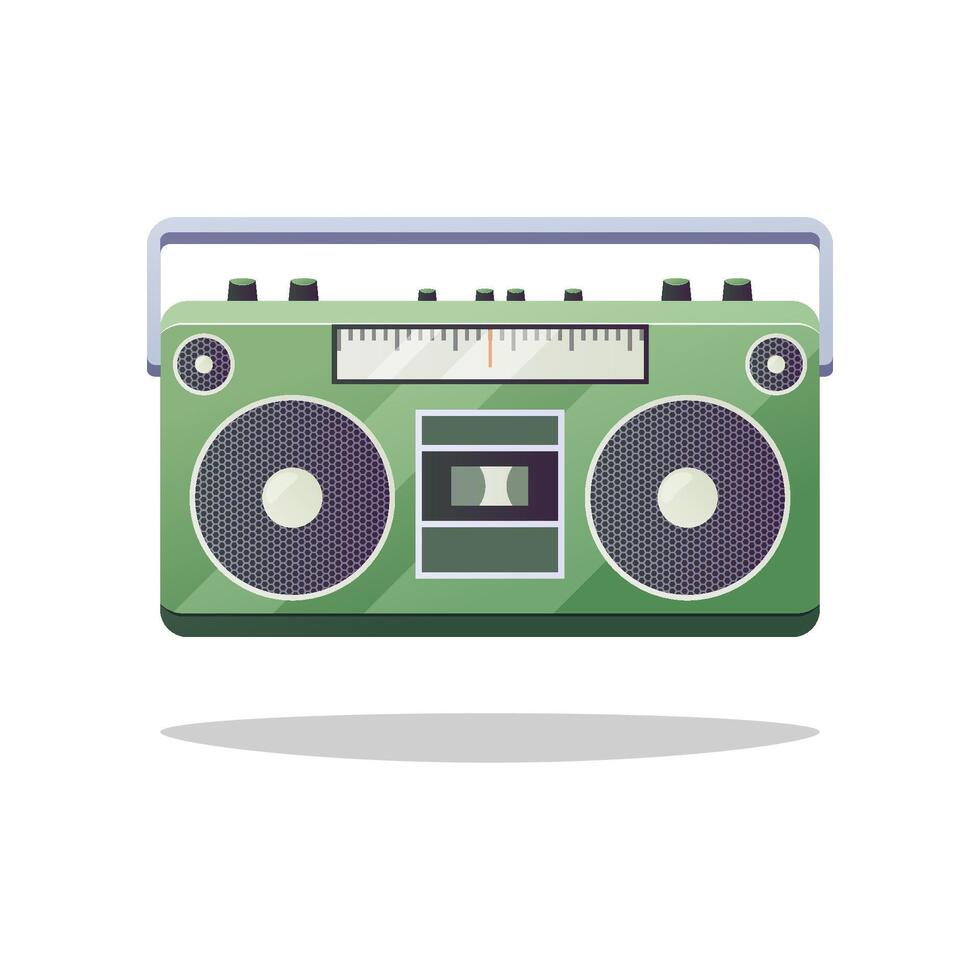 Green retro portable stereo radio cassette recorder isolated on white background. vector
