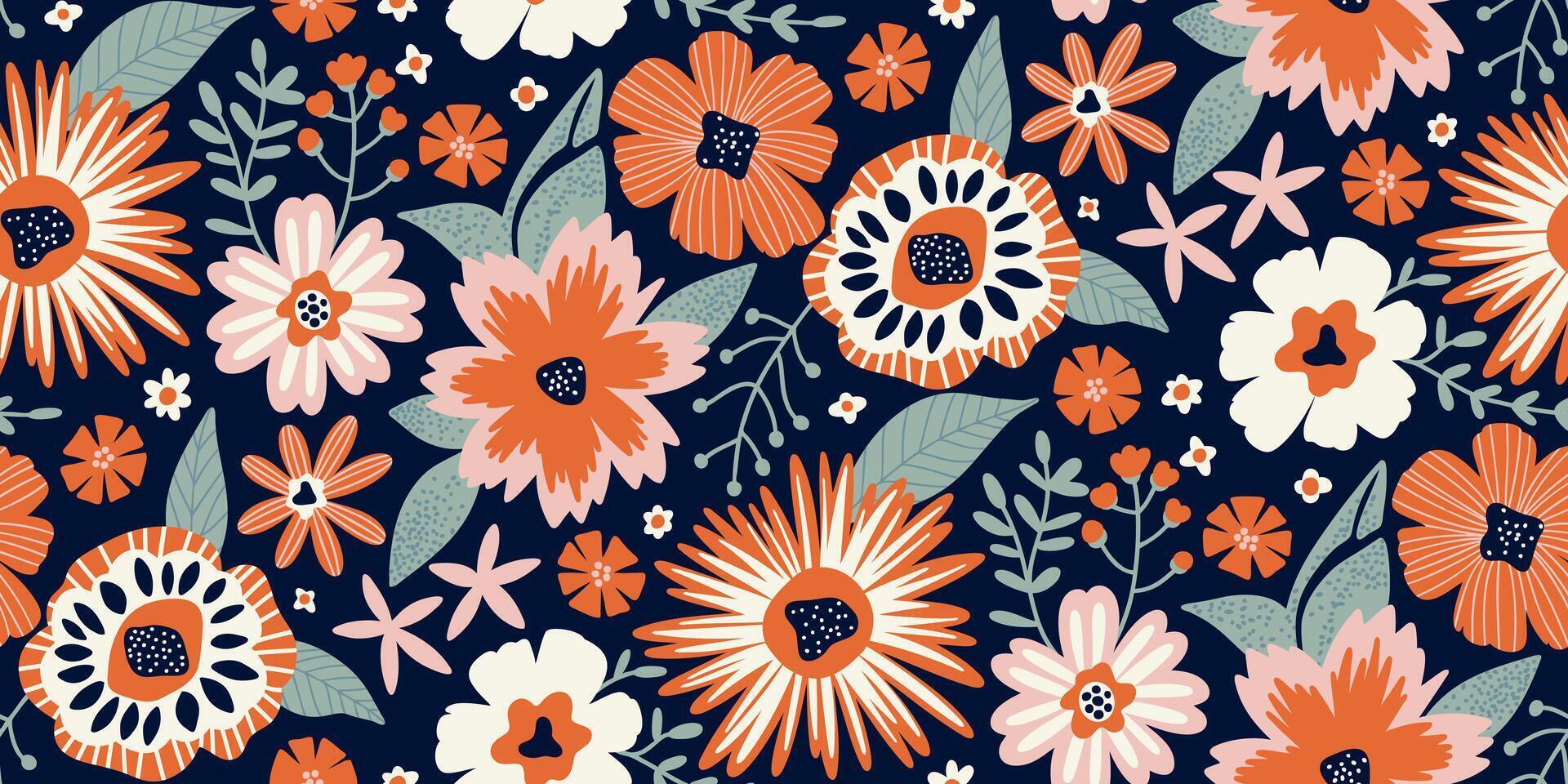 Vibrant retro floral half drop pattern featuring large and small flowers in orange, pink, white on a dark navy blue background. Ideal for textile design, wallpaper, wrappings, or packaging. vector