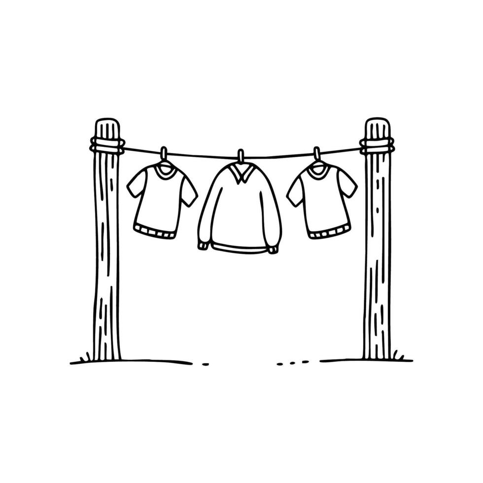 Clothesline stretched between two wooden poles with shirts and socks swaying vector