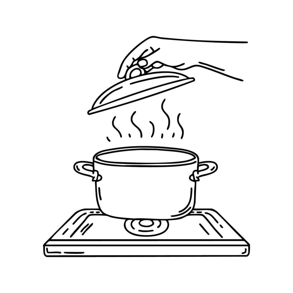 Pot on the stove with steam escaping as hand lifts the lid vector