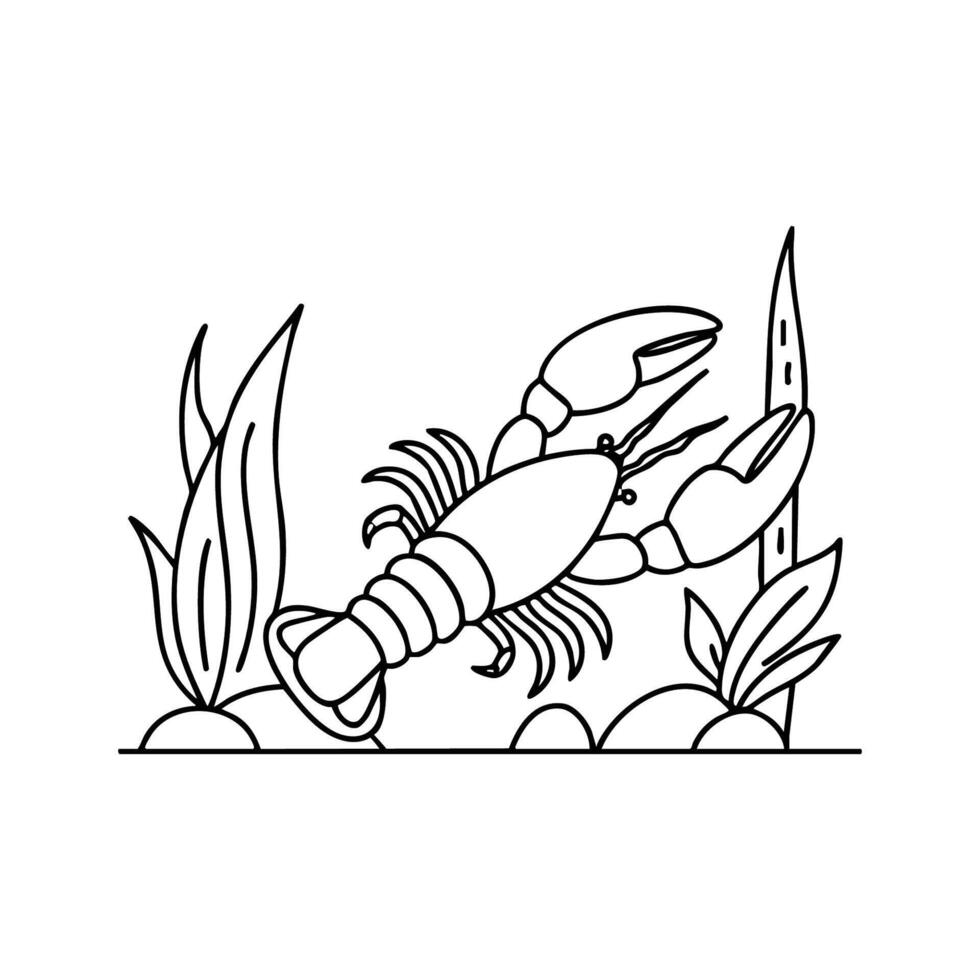 A lobster crawling along the ocean floor near rocks and seaweed vector