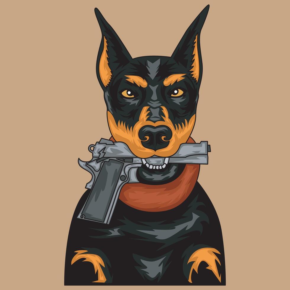 doberman dog biting a gun vector