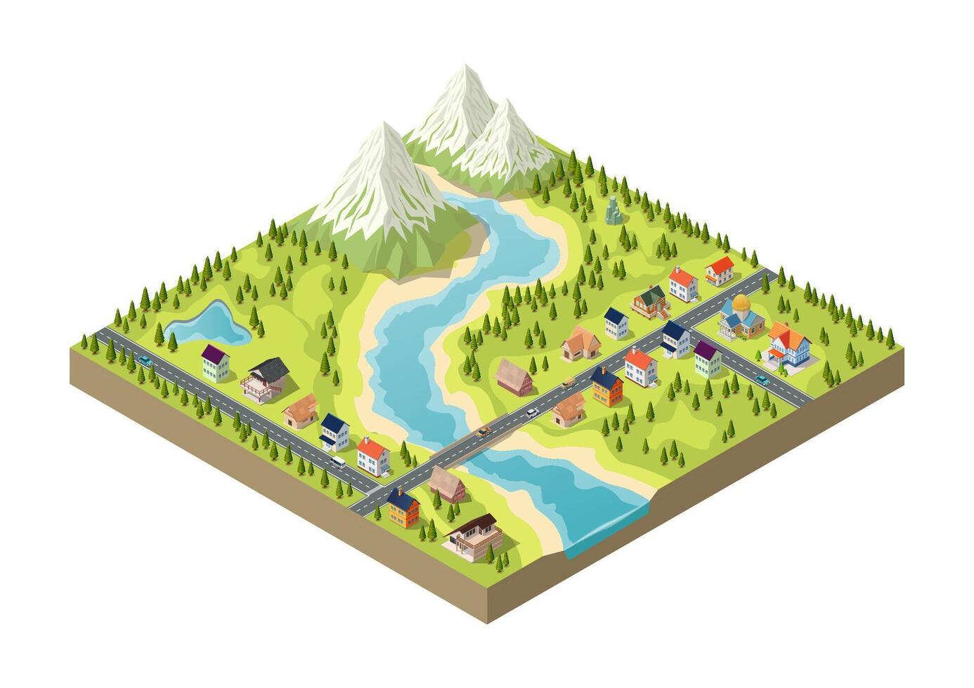 Isometric mountains with residential areas vector