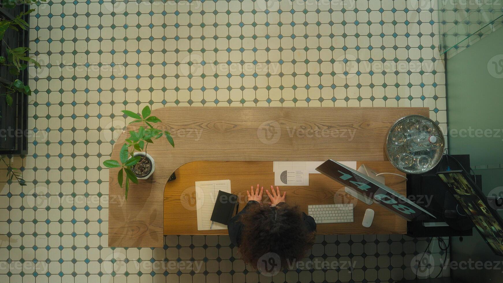 Top view woman girl on hotel reception concierge arrive travel flight abroad journey trip resort vacation female worker administrator check passports give key card booking room service tourism meeting photo