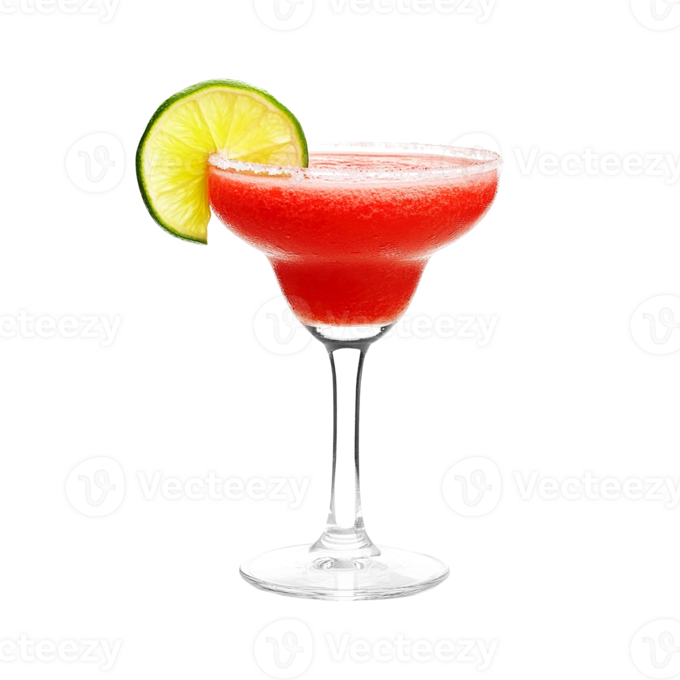 Strawberry Daiquiri cocktail with lime wheel garnish transparent isolated background. Mixology, bar menu, colorful vibrant refreshing drink in margarita glass png