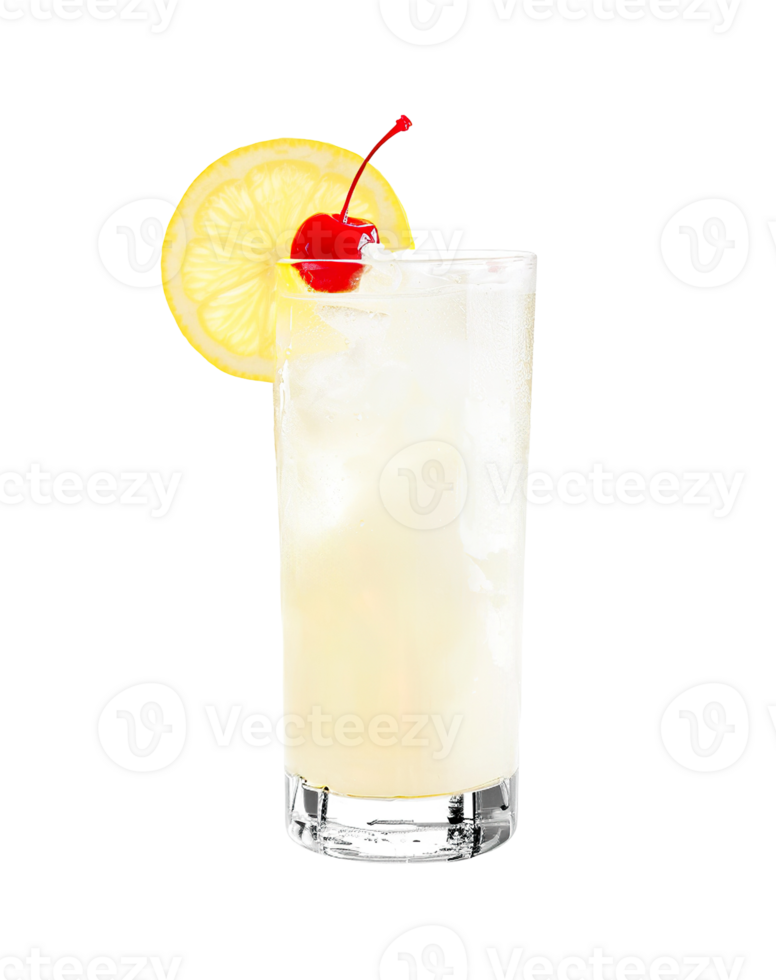 Tom Collins cocktail with lemon wheel garnish transparent isolated background. Mixology, bar menu, colorful vibrant refreshing drink in highball glass png