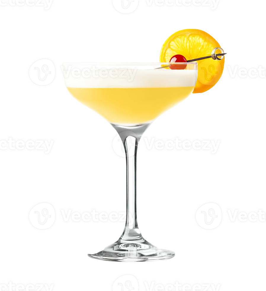 Whiskey Sour cocktail with orange wheel garnish transparent isolated background. Mixology, bar menu, colorful vibrant refreshing drink in coupe saucer glass png