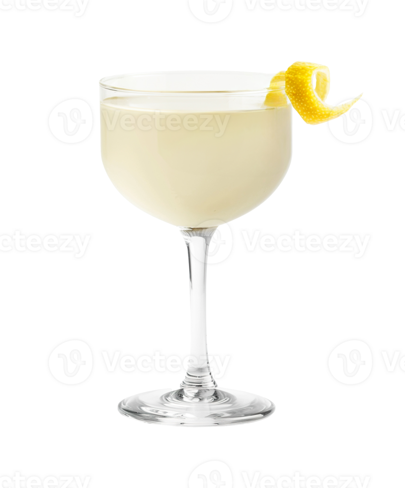 Corpse Reviver No.2 cocktail with lemon twist garnish transparent isolated background. Mixology, bar menu, colorful vibrant refreshing drink in coupe saucer glass, zesty png