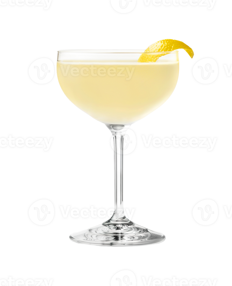 Corpse Reviver No.2 cocktail with lemon twist garnish transparent isolated background. Mixology, bar menu, colorful vibrant refreshing drink in coupe saucer glass png