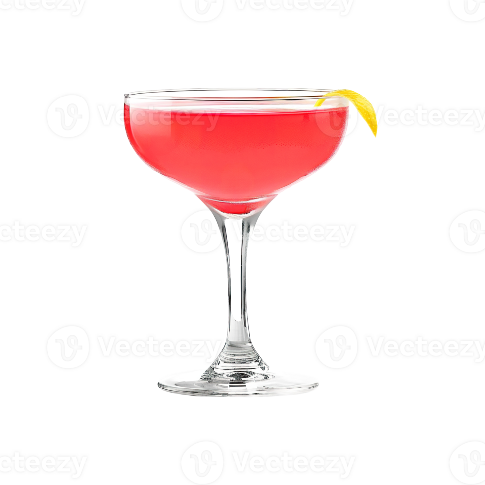 Cosmopolitan cocktail with lemon twist garnish transparent isolated background. Mixology, bar menu, colorful vibrant refreshing drink in coupe saucer glass png