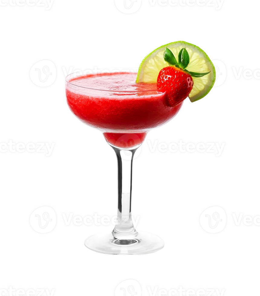Strawberry Daiquiri cocktail with strawberry garnish transparent isolated background. Mixology, bar menu, colorful vibrant refreshing drink in margarita glass png