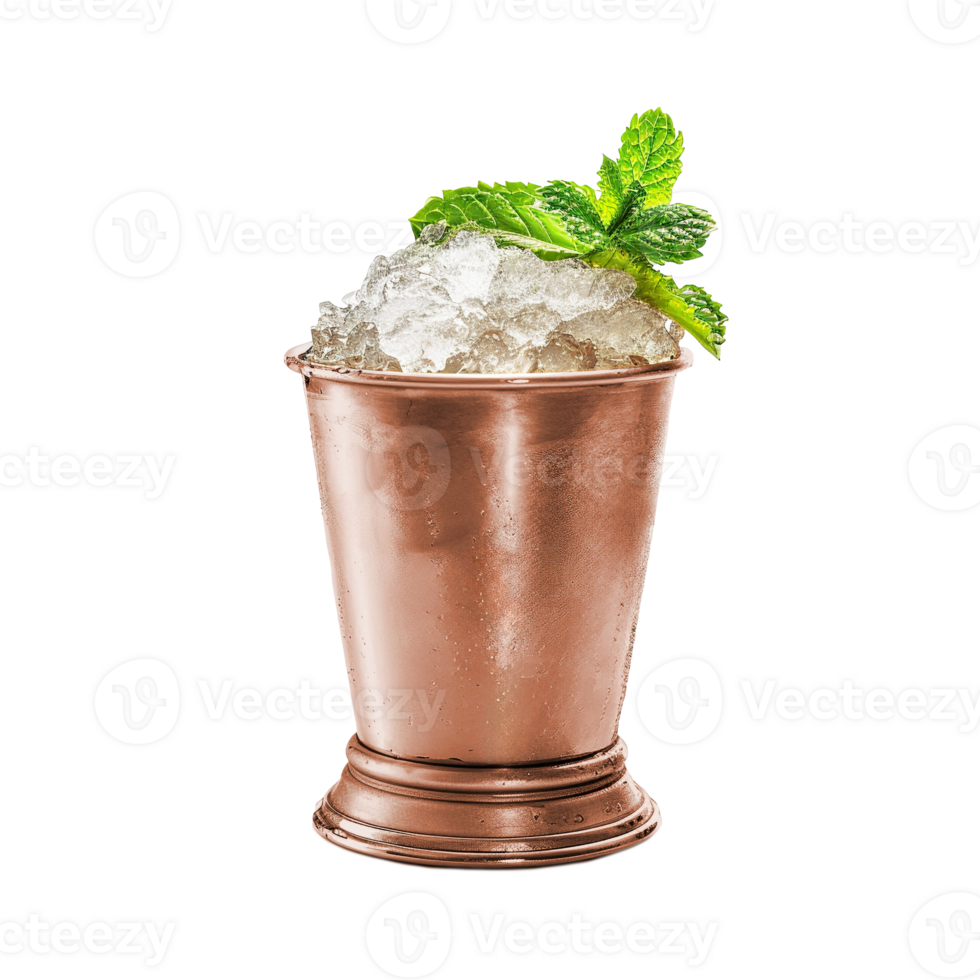 Mint Julep cocktail with mint sprig garnish transparent isolated background. Mixology, bar menu, colorful vibrant refreshing drink in copper julep cup, crushed ice png
