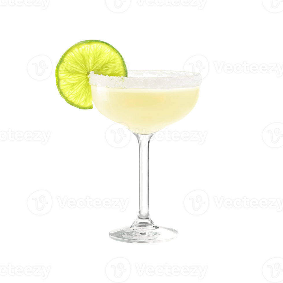 Classic Margarita cocktail with lime wheel garnish transparent isolated background. Mixology, bar menu, colorful vibrant refreshing drink in margarita glass, bright png