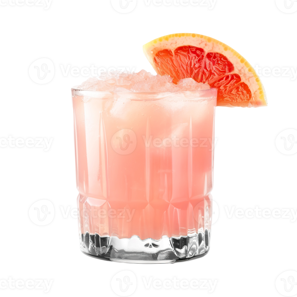 Paloma cocktail with grapefruit wedge garnish transparent isolated background. Mixology, bar menu, colorful vibrant refreshing drink in old fashioned glass png