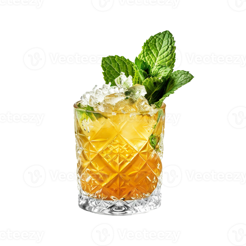 Mint Julep cocktail with mint sprig garnish transparent isolated background. Mixology, bar menu, colorful vibrant refreshing drink in old fashioned glass png