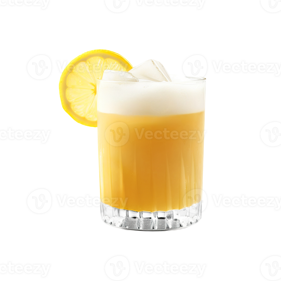 Amaretto Sour cocktail with lemon wheel garnish transparent isolated background. Mixology, bar menu, colorful vibrant refreshing drink in rocks glass png