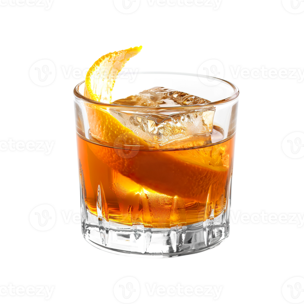 Old fashioned cocktail with orange twist garnish transparent isolated background. Mixology, bar menu, colorful vibrant refreshing drink in old fashioned glass png