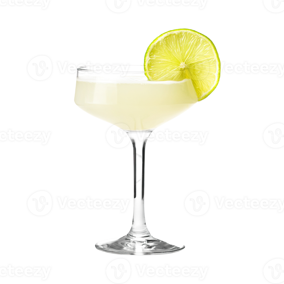 Classic Daiquiri cocktail with lime wheel garnish transparent isolated background. Mixology, bar menu, colorful vibrant refreshing drink in coupe saucer glass, zesty png